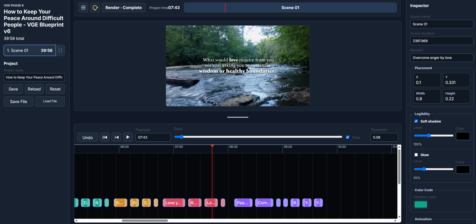 Video Generation Engine interface showing structured video scenes and timing controls